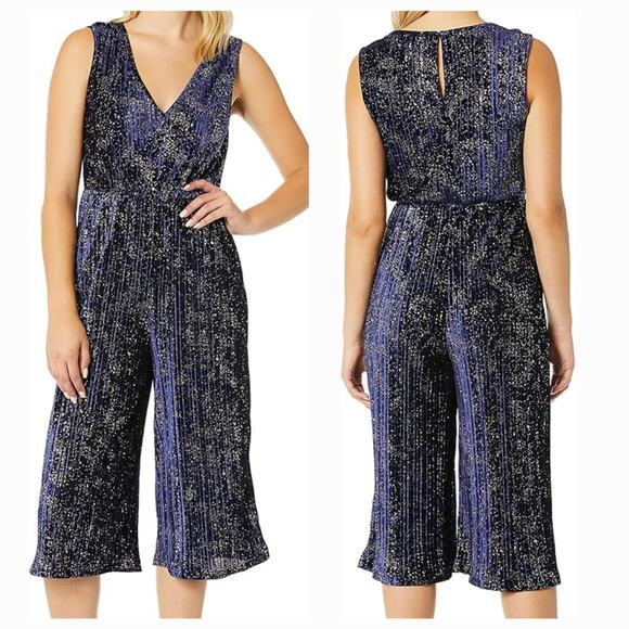 BCBGeneration Culotte Navy Blue & Gold Flake Sleeveless Pleated Knit Jumpsuit SM - Picture 1 of 11